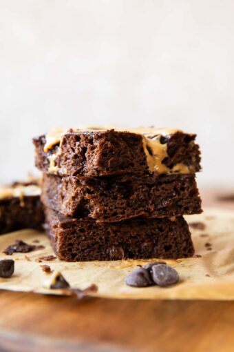 Close up of stack of 3 Cottage Cheese Brownies.