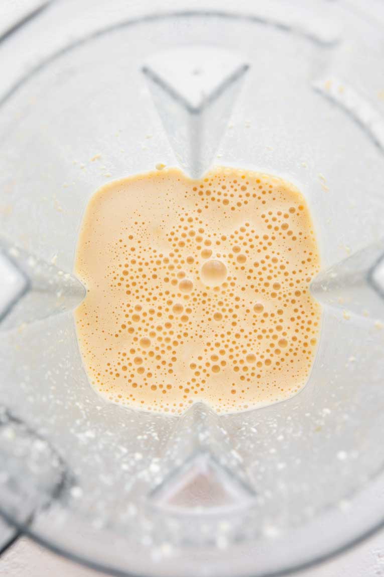 Cottage cheese, vanilla, eggs, and maple syrup blended together.