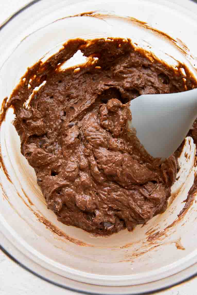 Batter being mixed for Cottage Cheese Brownies.