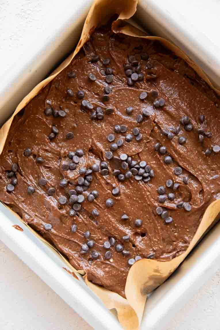 Cottage Cheese Brownies batter with chocolate chips.