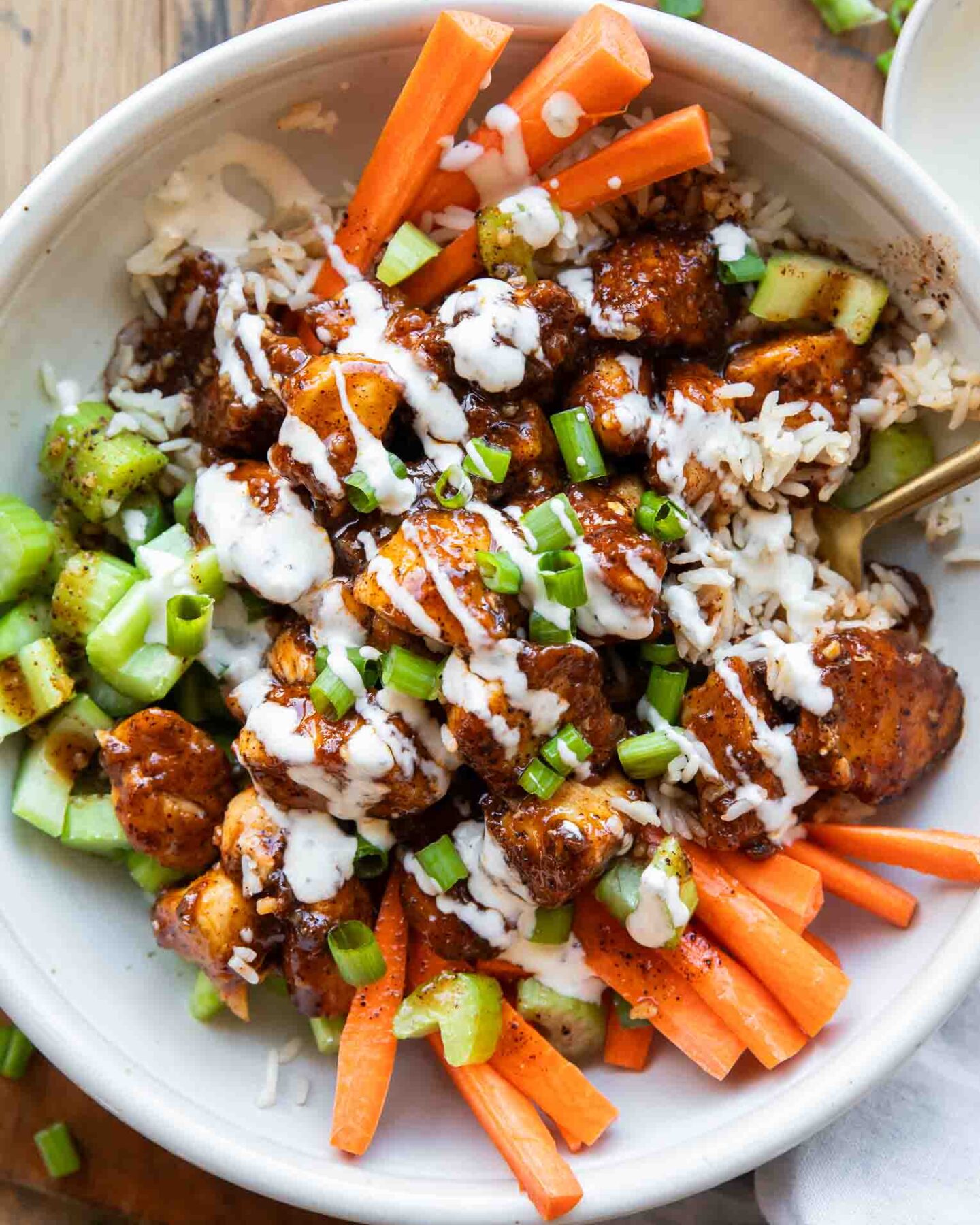 Close up of Buffalo Chicken Bowls.