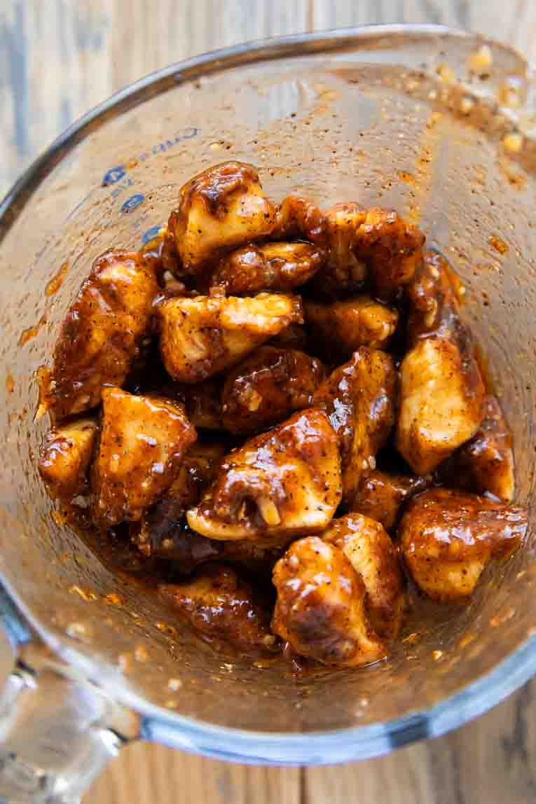 Buffalo chicken in a sticky spicy sauce.