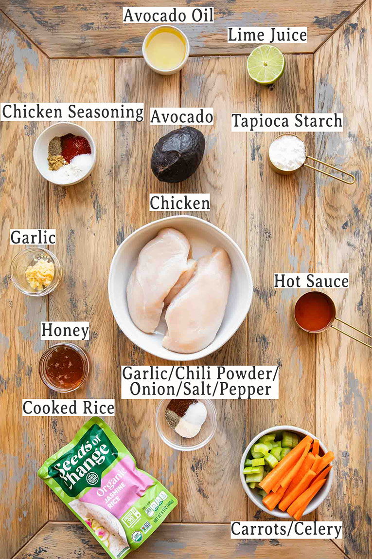 Ingredients in buffalo chicken bowls recipe.