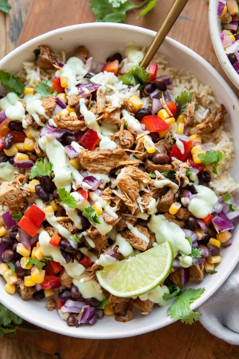 Close up of chipotle carnitas bowl.