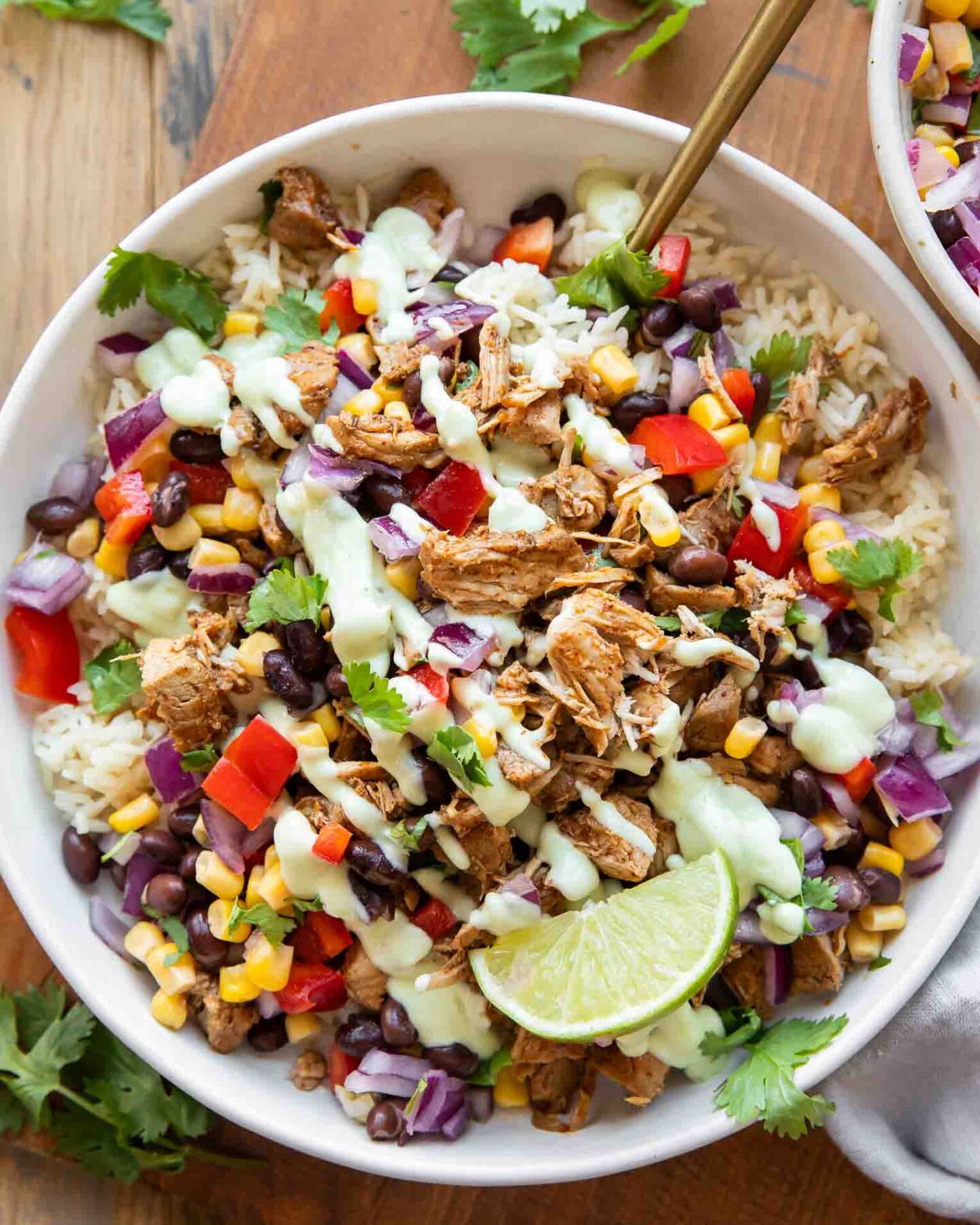 Top shot photo of pork carnitas bowl recipe.