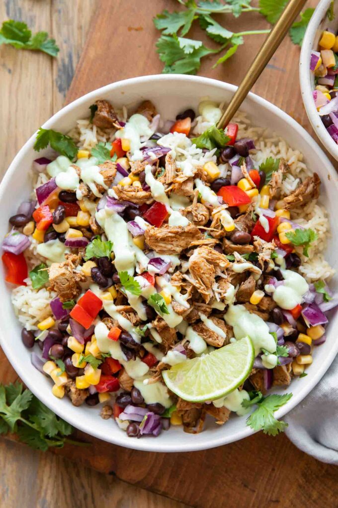 Top shot photo of pork carnitas bowl recipe.