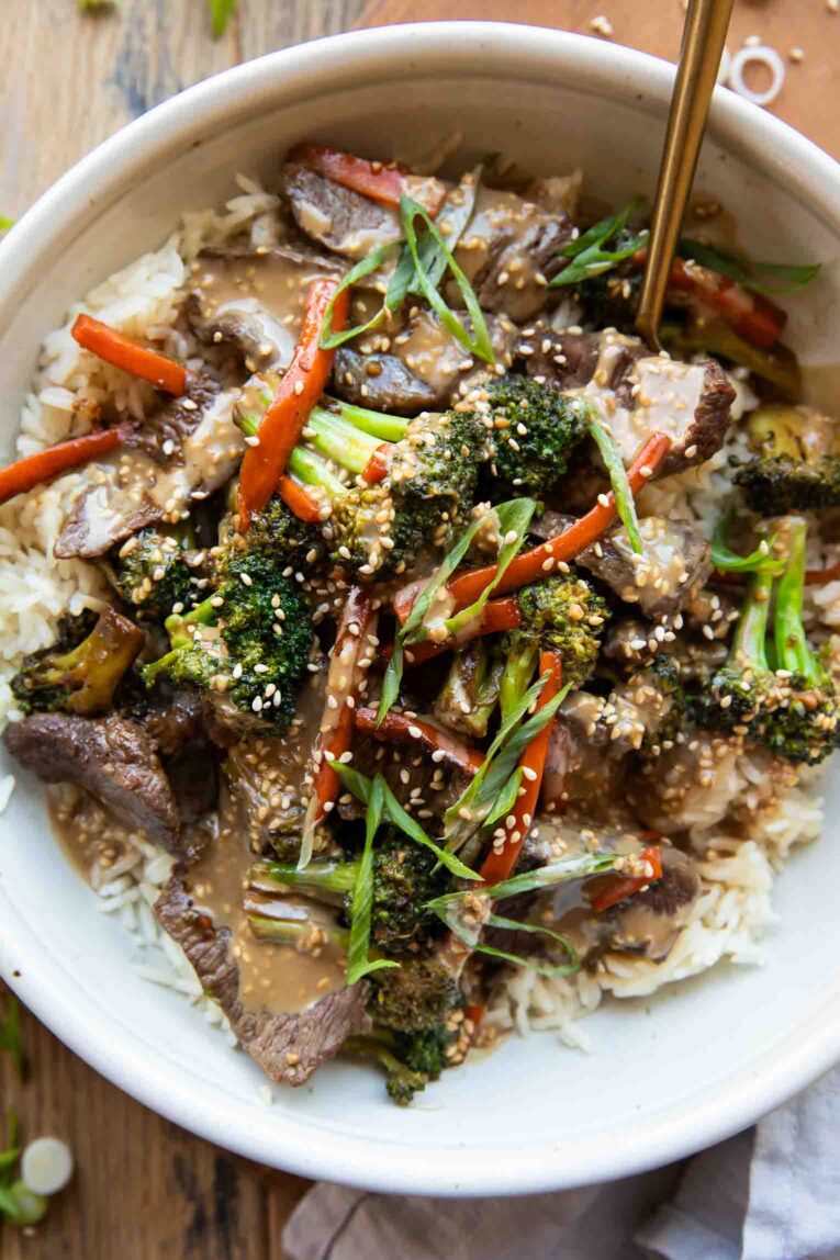 Ginger Beef & Broccoli Bowl with fork.