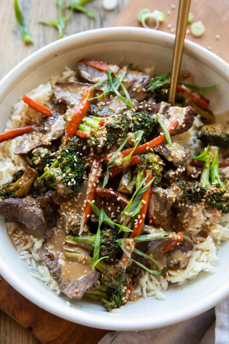 Angled photo of Ginger Beef & Broccoli Bowls.