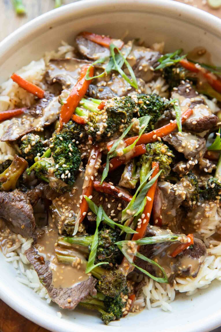 Angled close up of beef and broccoli recipe in a bowl.