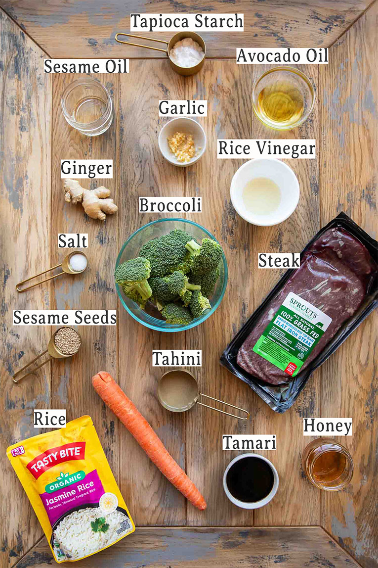 Ingredients for Ginger Beef & Broccoli Bowl recipe.