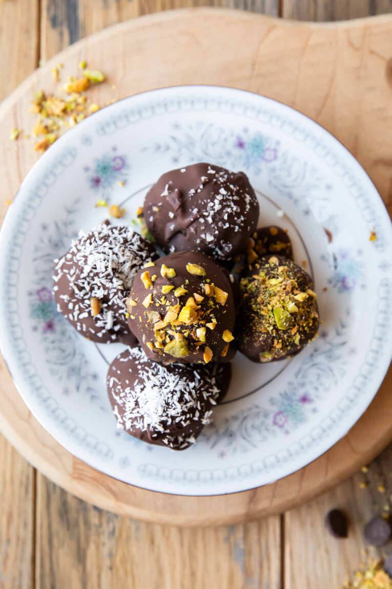 Healthy Tahini Salted Caramel Truffles on a plate.
