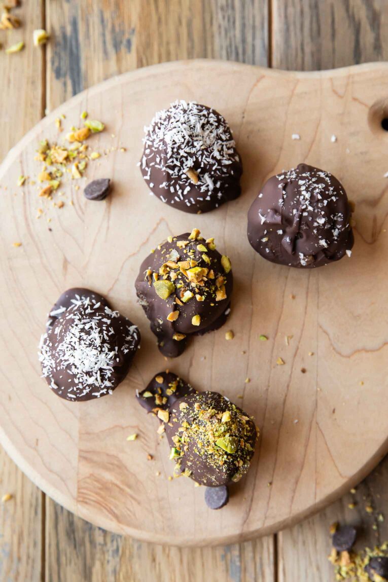 Top shot of date caramel truffles.