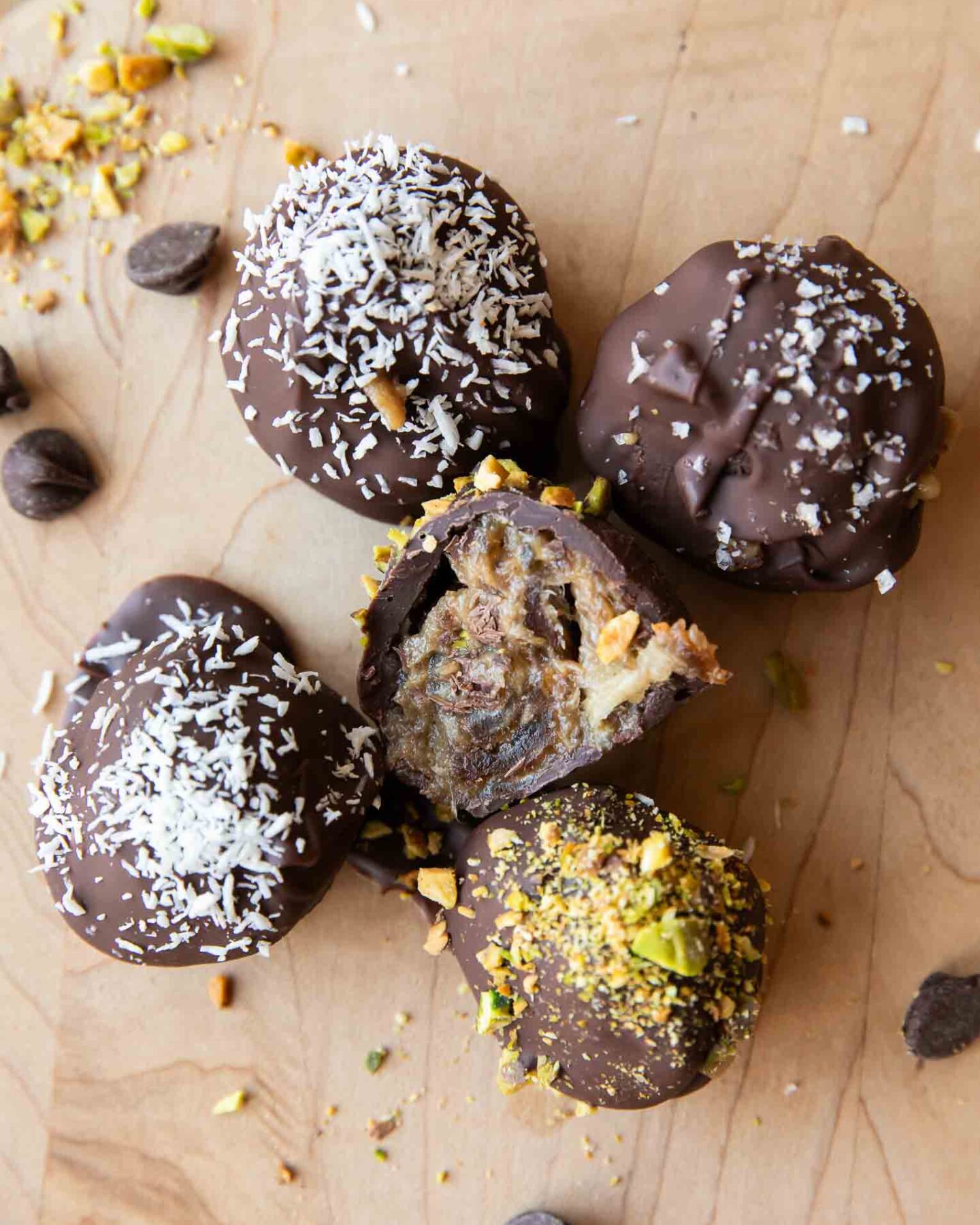 Close up of Healthy Tahini Salted Caramel Truffles recipe.