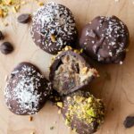 Close up of Healthy Tahini Salted Caramel Truffles recipe.