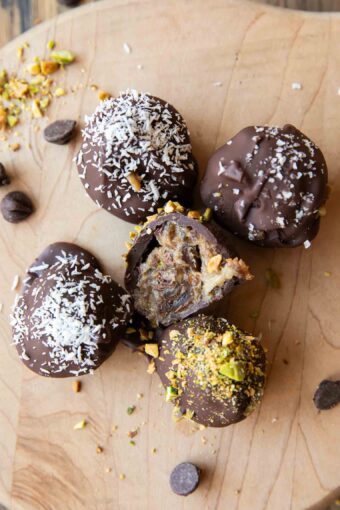 Close up of Healthy Tahini Salted Caramel Truffles recipe.
