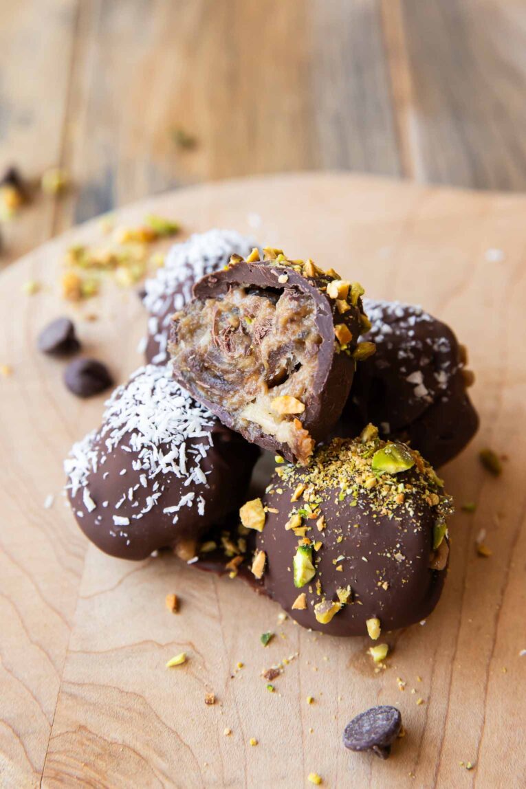 Close up of Tahini Salted Caramel Chocolate Truffles angled photo.