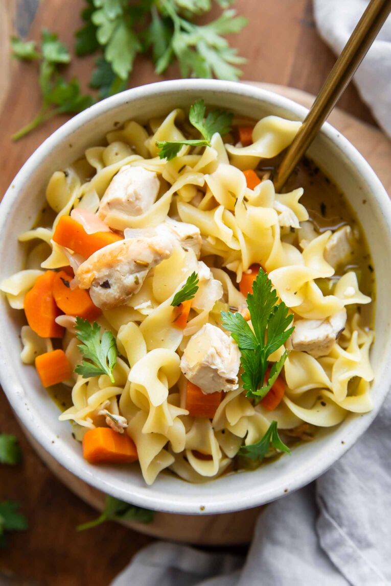 Close up of homemade Chicken Noodle Soup recipe.