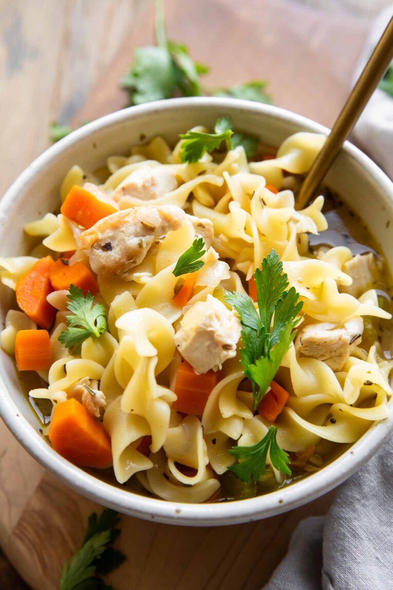 Angled photo of Chicken Noodle Soup recipe.