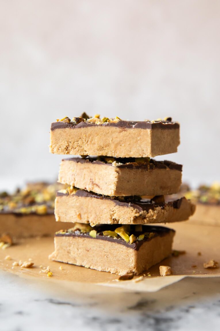 Stack of Homemade Peanut Butter Protein Bars.