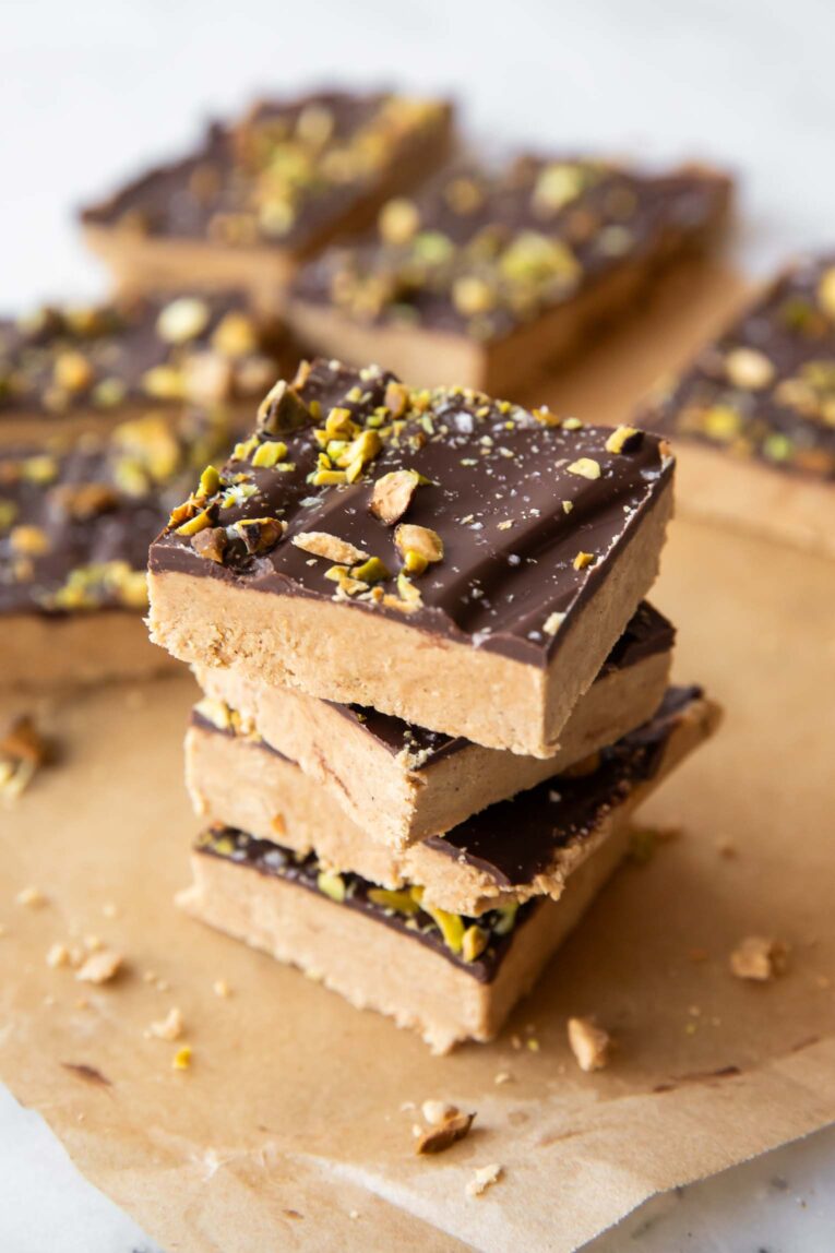 Angled photo of a stack of Homemade Peanut Butter Protein Bars.