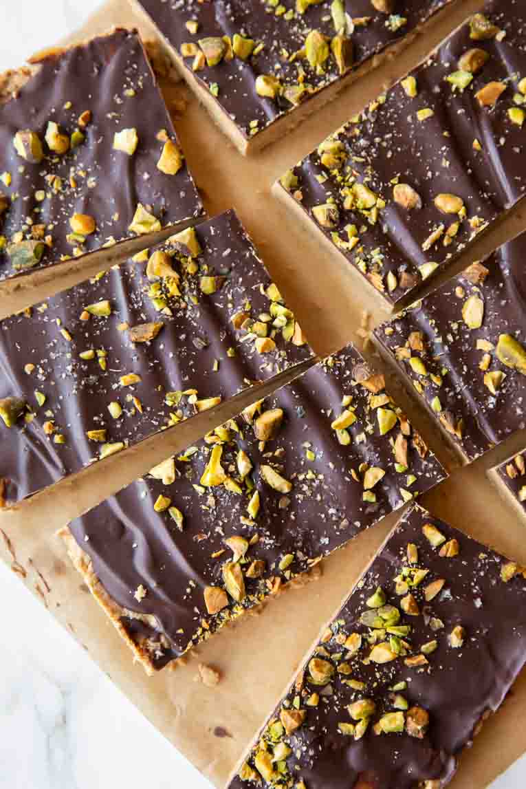 Sliced peanut butter chocolate protein bars.