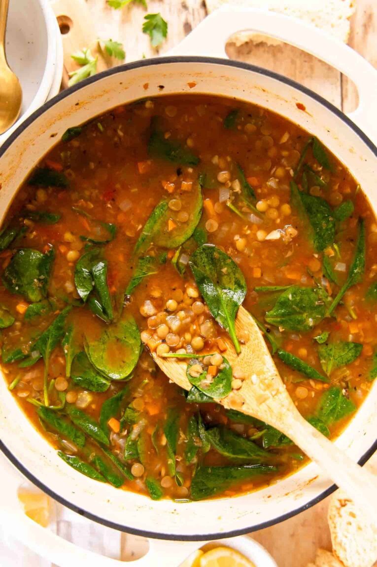 Vegan lentil soup in a pot.
