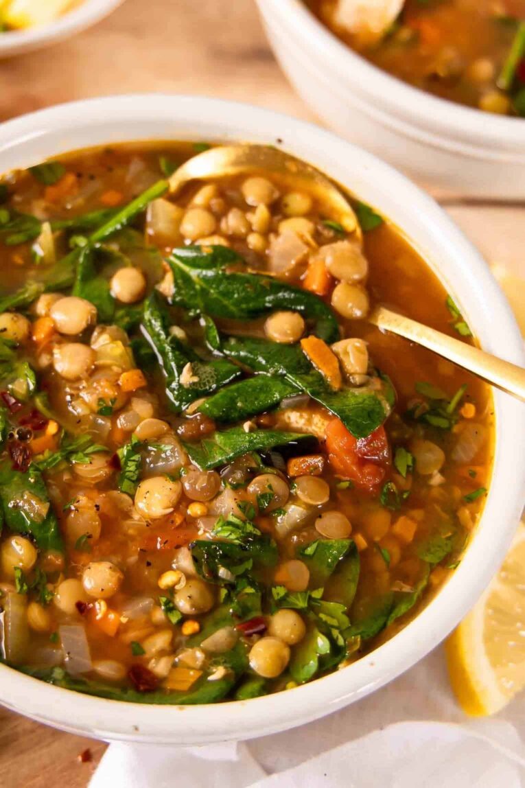 Angled photo of lentil soup recipe in a bowl.