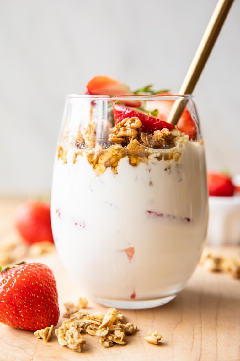 Close up of easy Strawberry Cheesecake Parfaits.