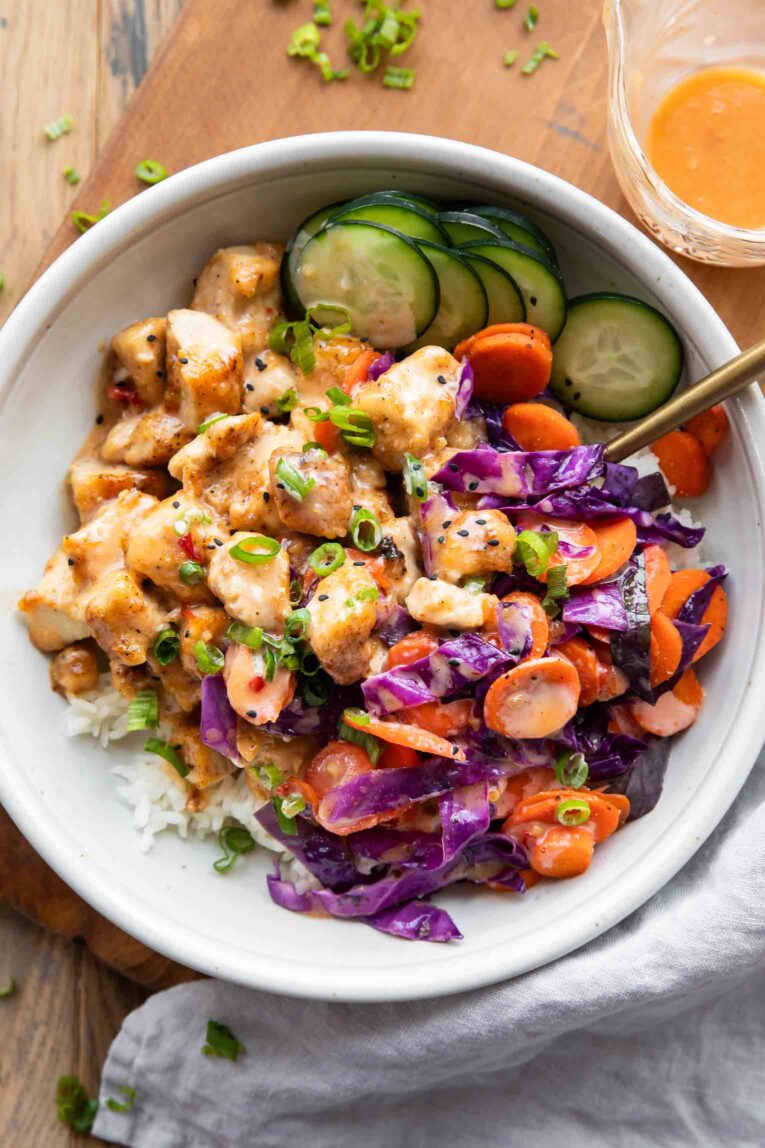 Top photo of Bang Bang Chicken Bowls.