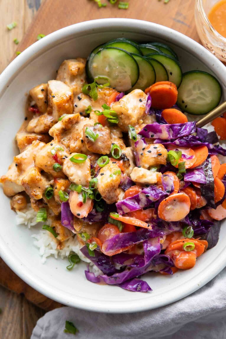 Close up of Bang Bang Chicken recipe in a bowl.