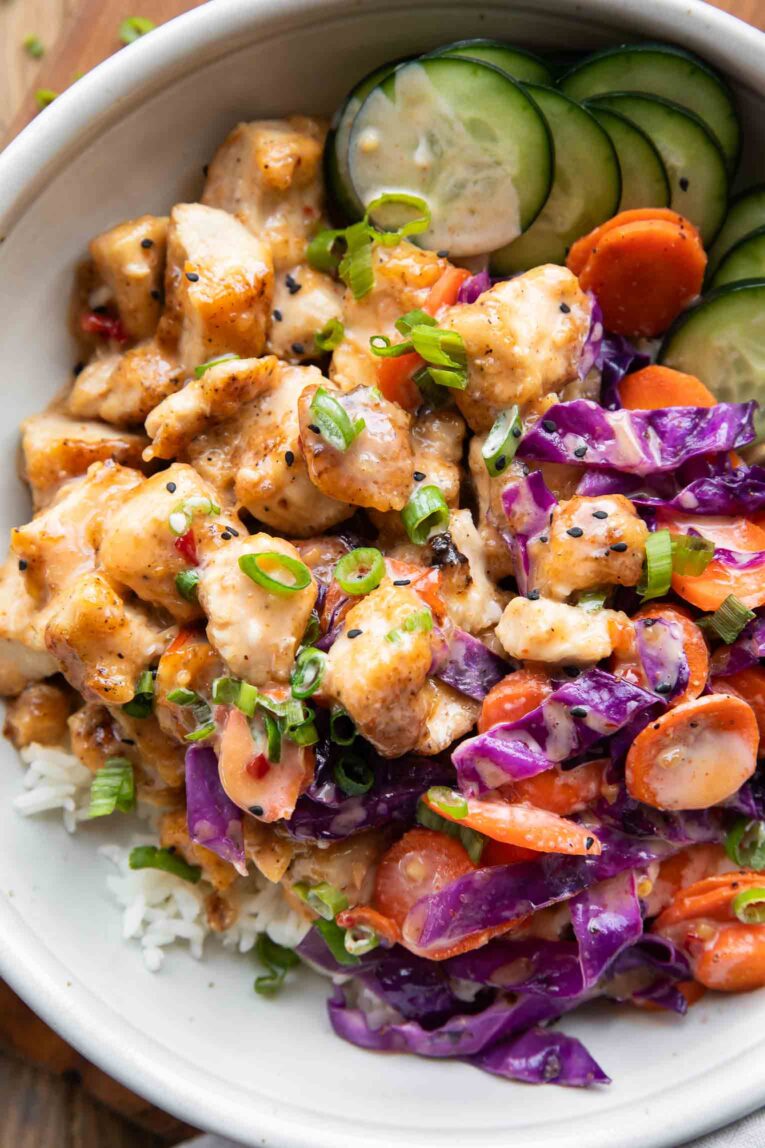 Close up of high protein Bang Bang Chicken Bowl.