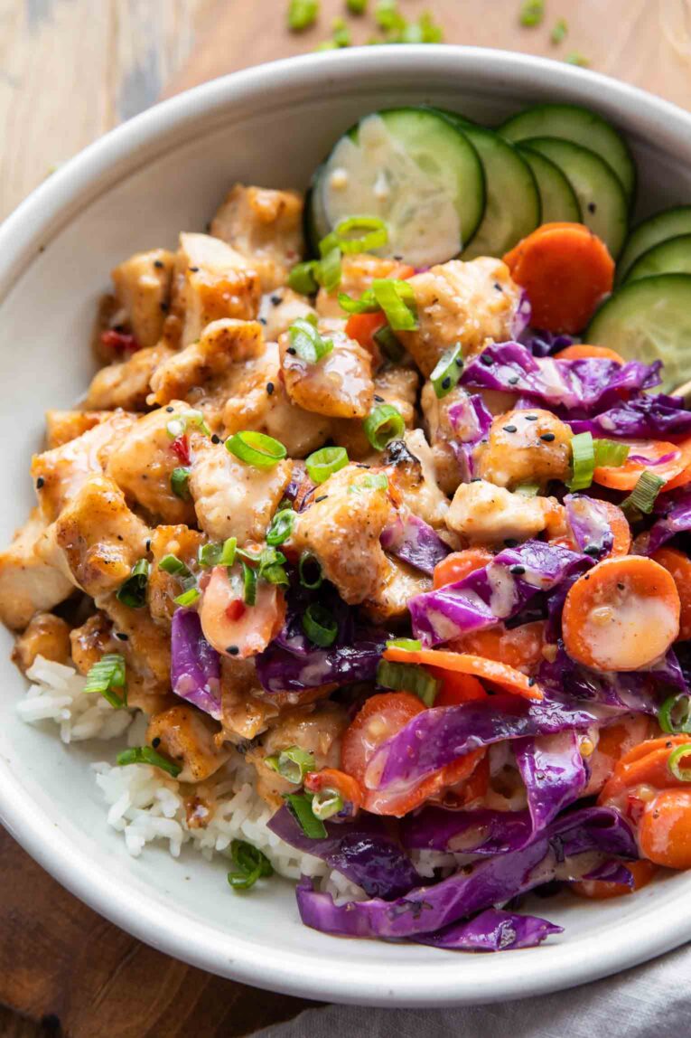 Angled photo of Bang Bang Chicken Bowl recipe.