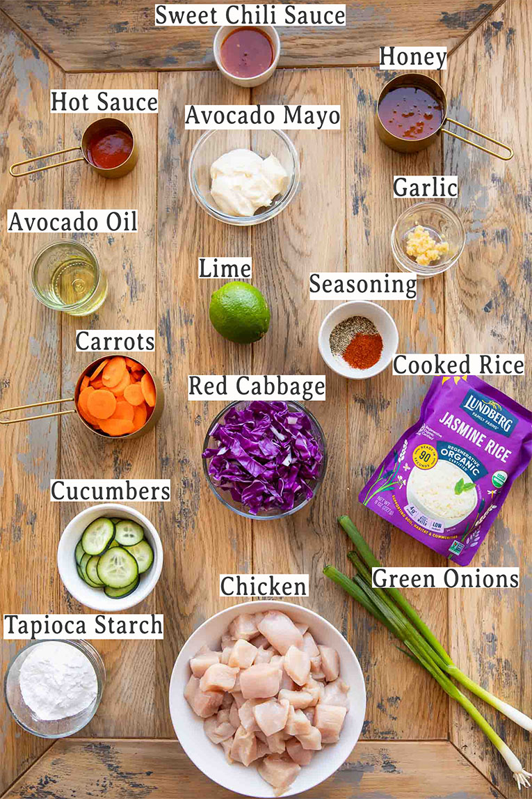 Ingredients for Bang Bang Chicken Bowls recipe.