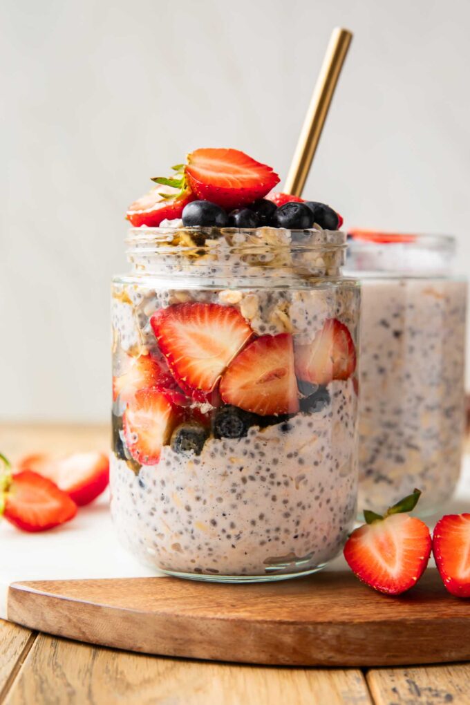 Close up of Berry Overnight Oats in a jar.
