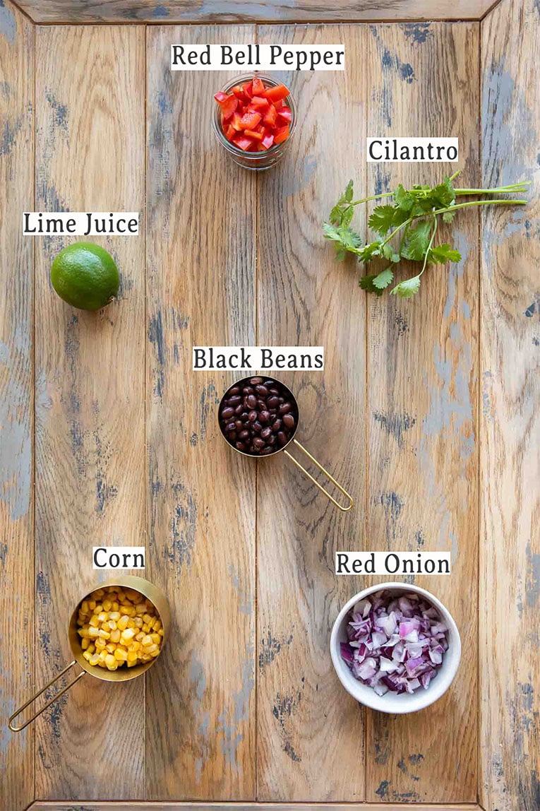 Ingredients in black bean corn salad recipe.