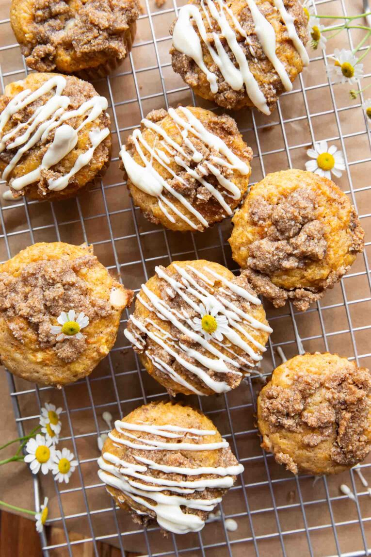 Carrot Cake Muffins with white chocolate topping.