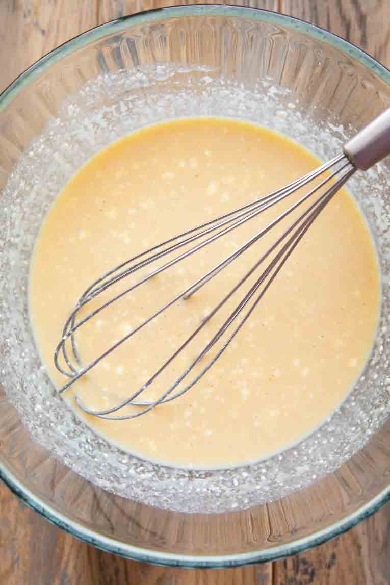 Liquid ingredients for Carrot Cake Muffins in a bowl.