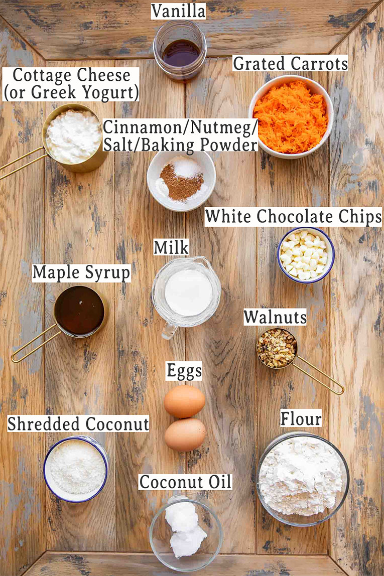 Ingredients for healthy Carrot Cake Muffins recipe.