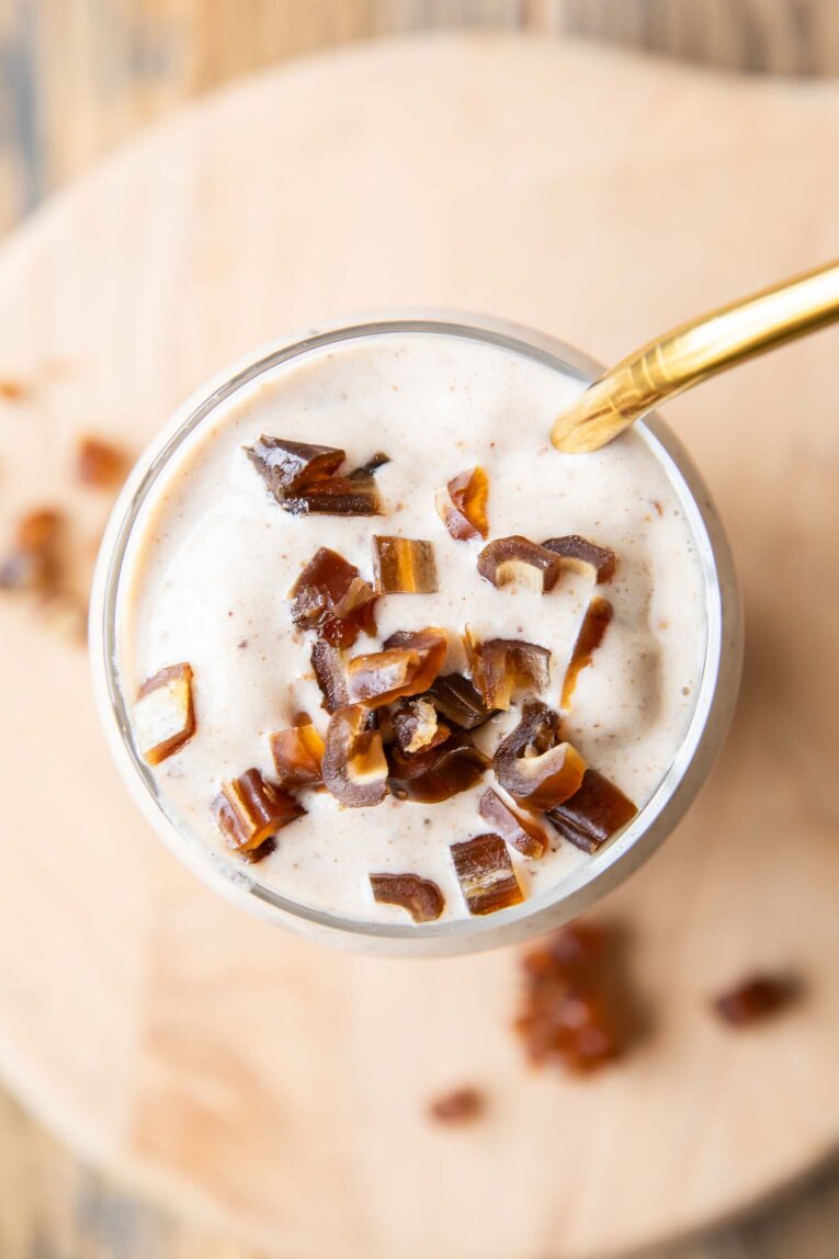 Top shot of date shake in a glass.