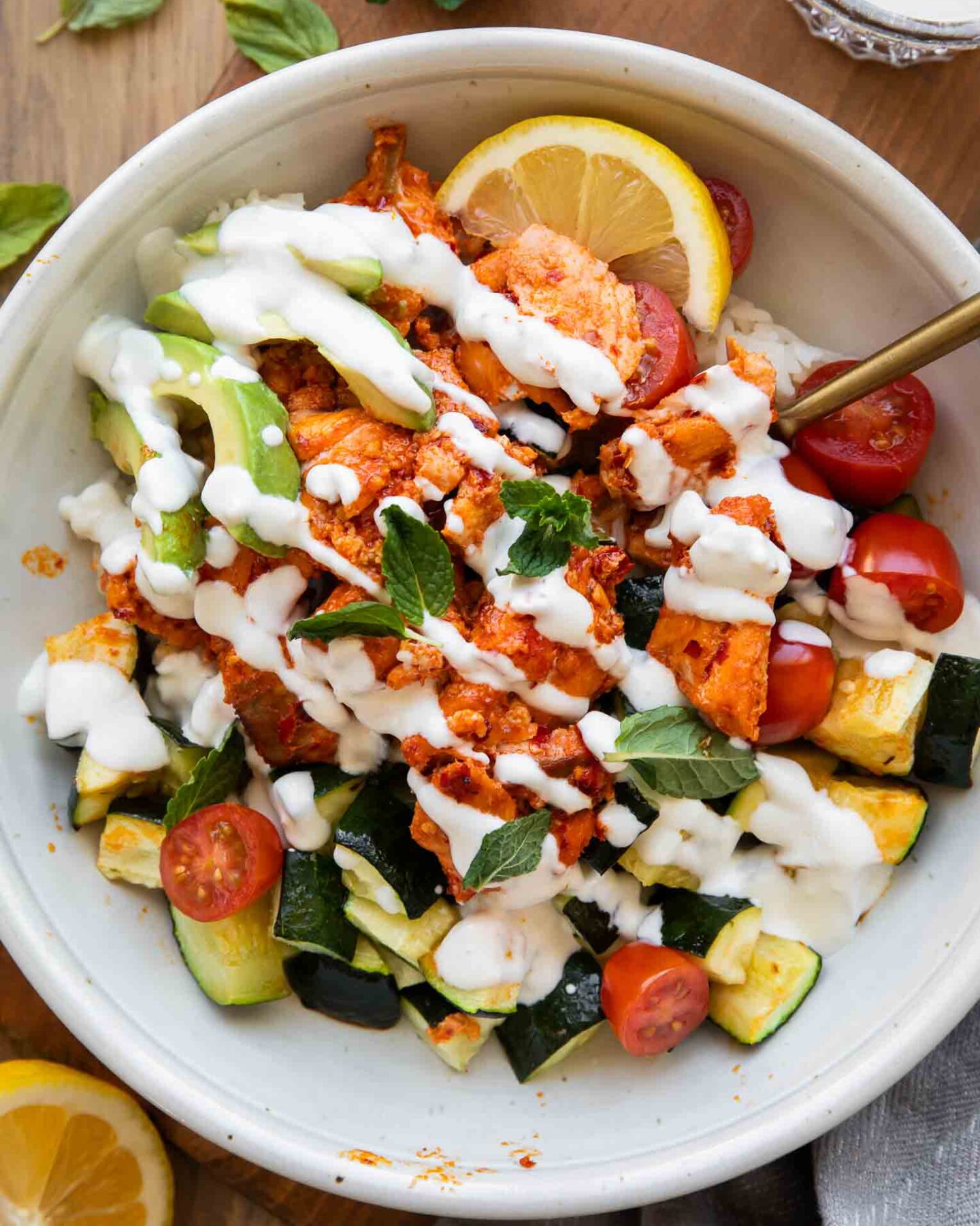 Top shot photo of Harissa Salmon Bites Bowls.
