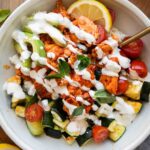 Top shot photo of Harissa Salmon Bites Bowls.