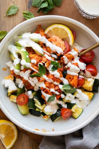 Top shot photo of Harissa Salmon Bites Bowls.