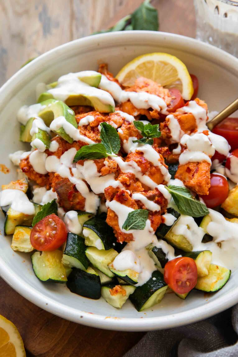 Angled photo of Harissa Salmon Bites Bowl recipe.