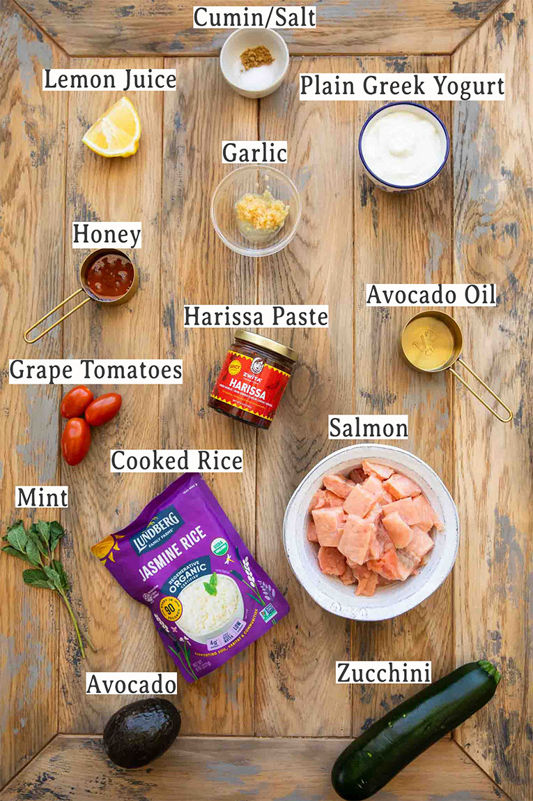 Ingredients for Harissa Salmon Bites Bowls recipe.