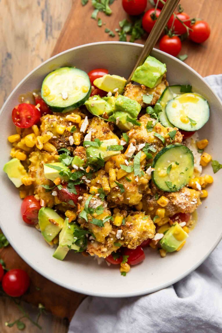 Top shot photo of Honey Mustard Pretzel Chicken Bowl recipe.