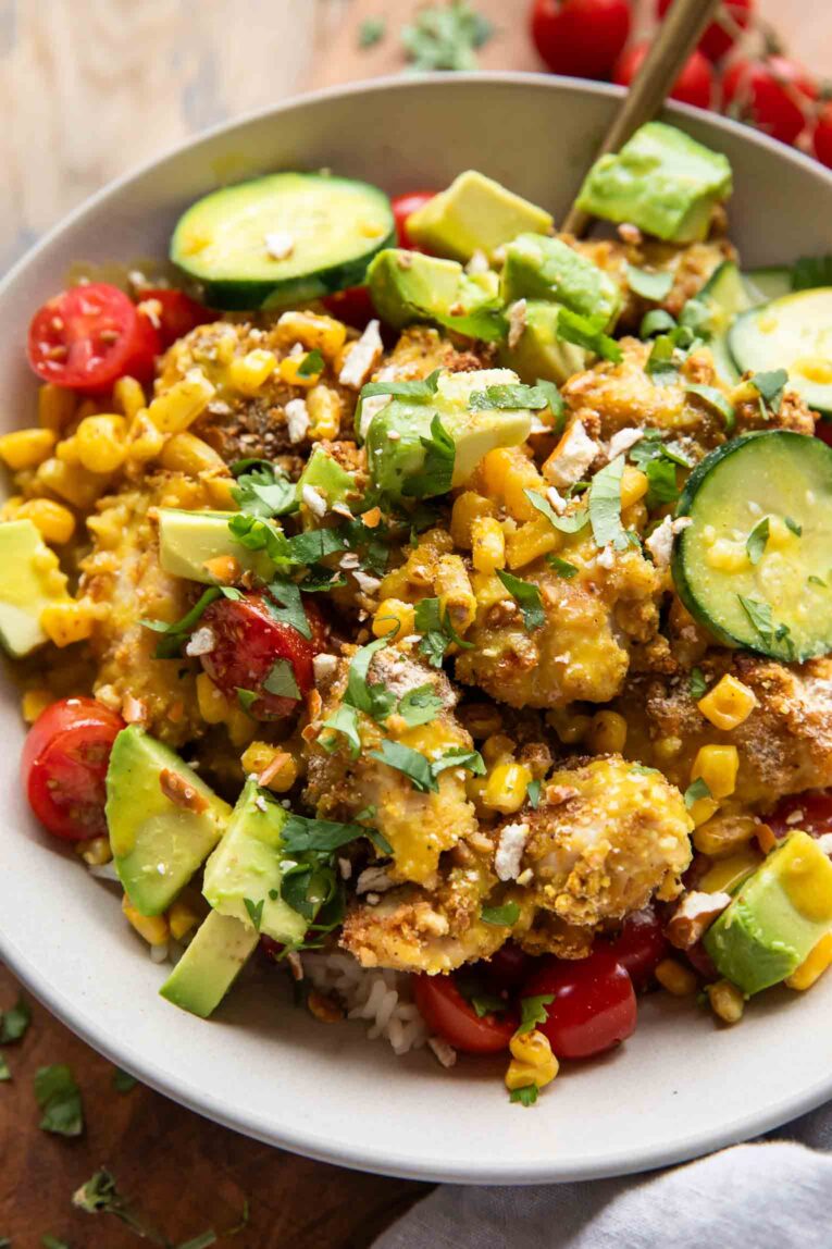 Angled photo of Honey Mustard Pretzel Chicken Bowls.