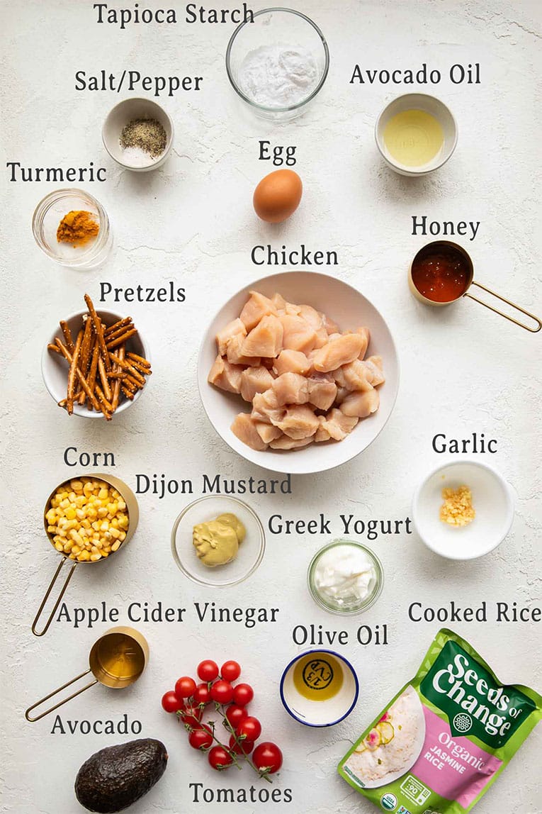 Ingredients for Honey Mustard Pretzel Chicken Bowls recipe.
