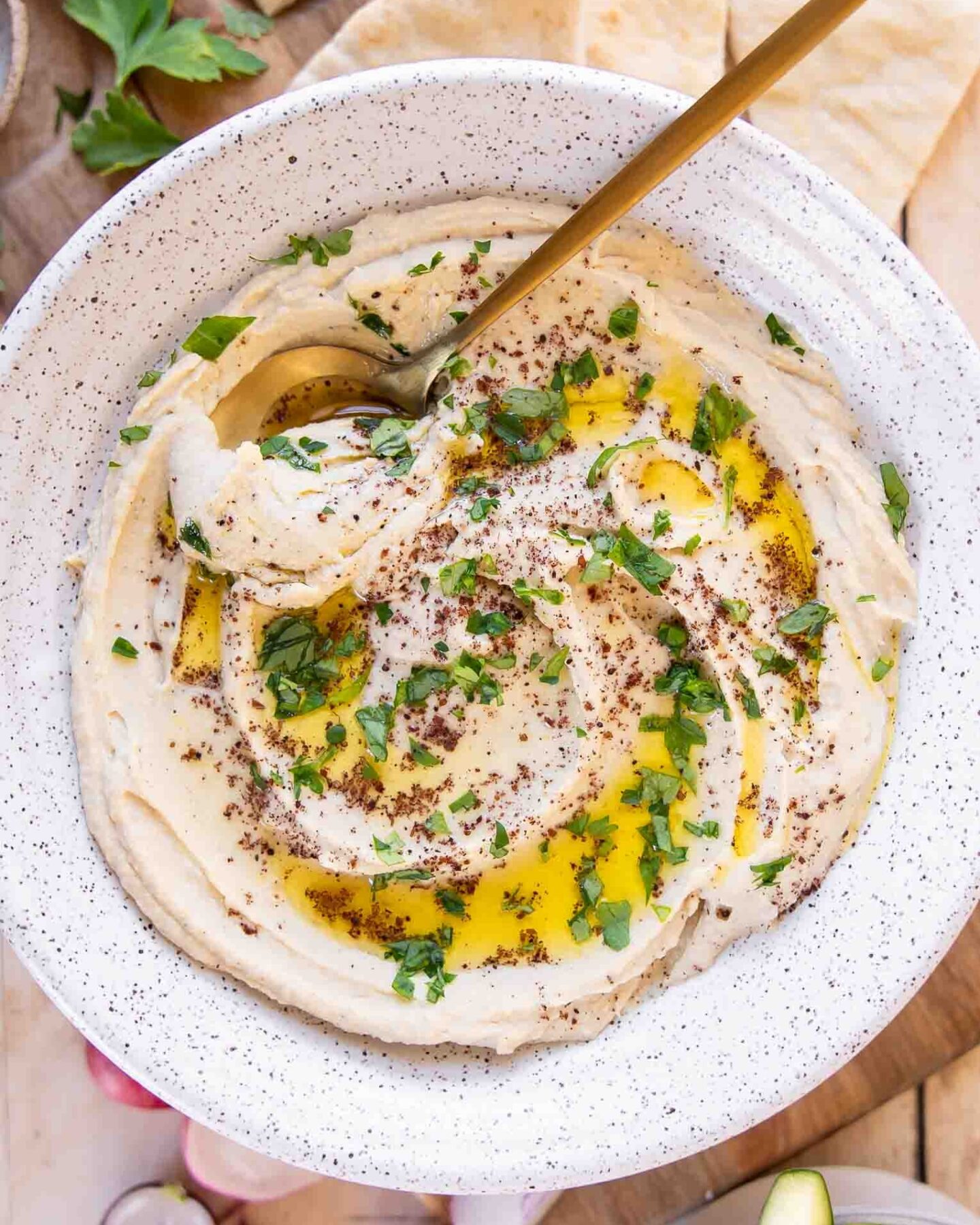 Top shot photo of easy hummus recipe in a bowl.