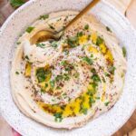 Top shot photo of easy hummus recipe in a bowl.