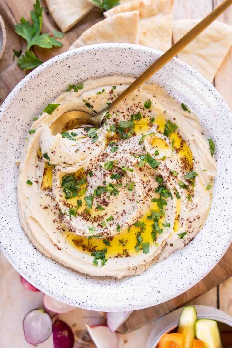 Top shot photo of easy hummus recipe in a bowl.